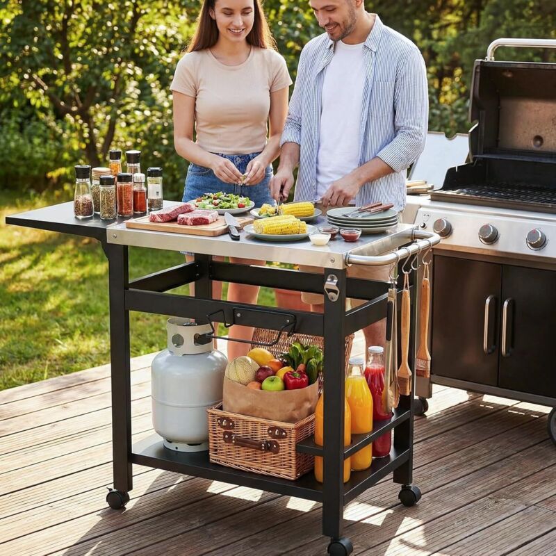 Desserte Barbecue Extérieur avec Table d'appoint Pliable, Chariot Plancha 2 Niveaux avec Dessus de Table en Acier INOX, Chariot de BBQ Pizza 4 Roues,