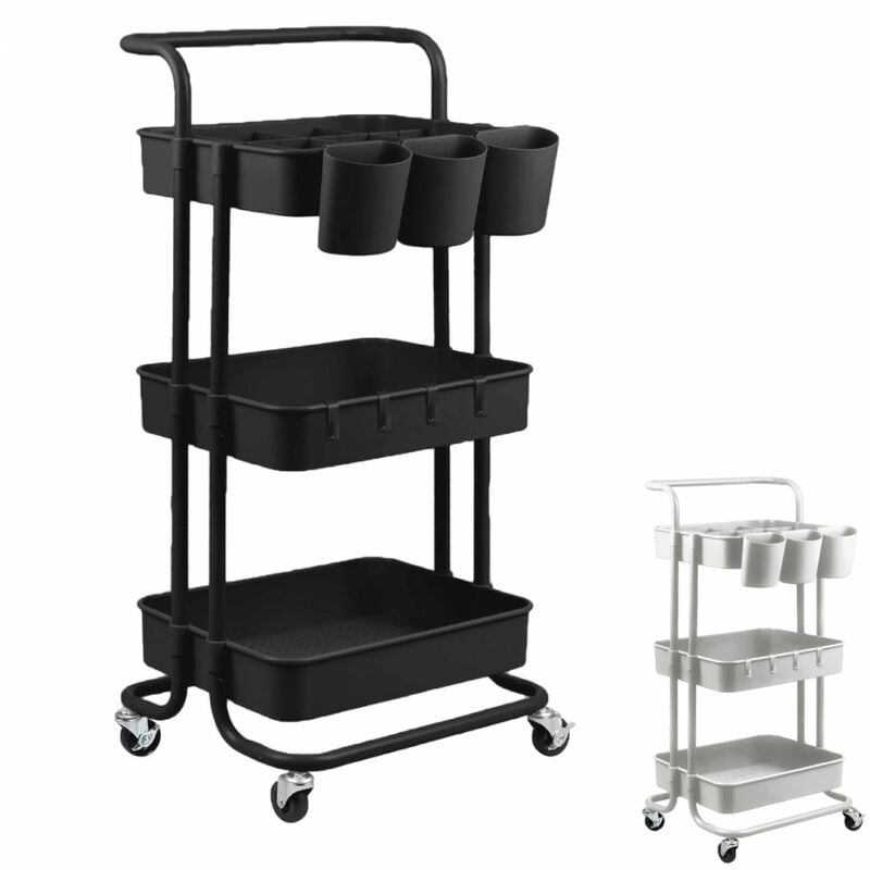 Desserte, chariot de rangement à roulettes avec poignée - 3 étagères - Noir - Vivezen