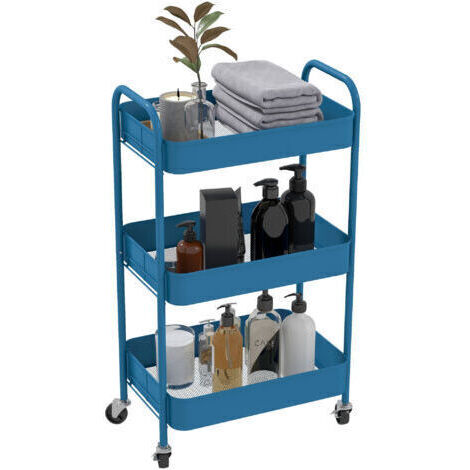 Desserte chariot de rangement en acier chariot de service à roulettes 3 plateaux ajourés 45 x 30.6 x 79 cm bleu foncé
