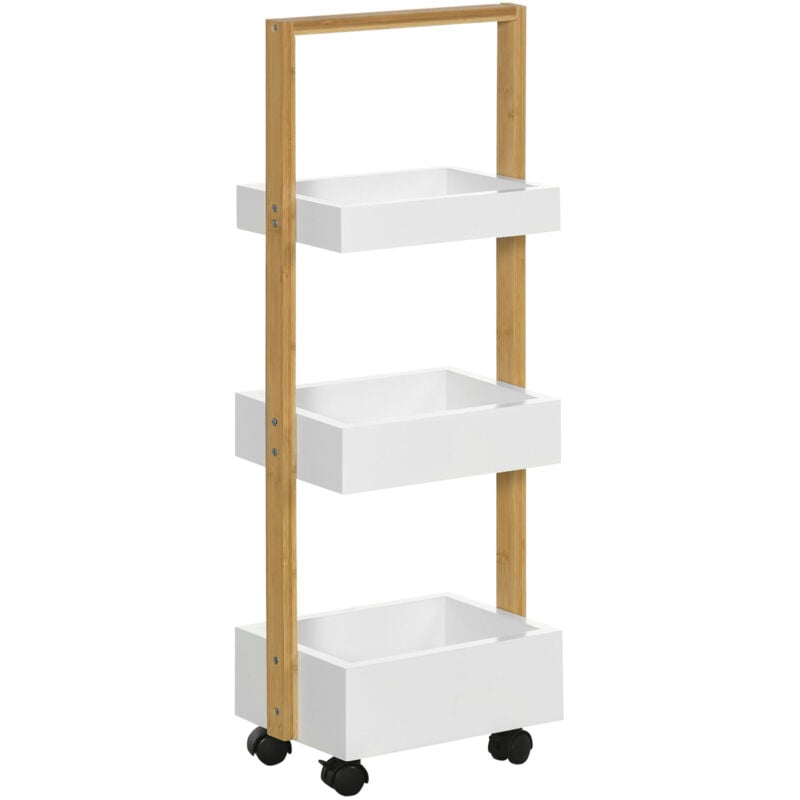 Homcom - Desserte chariot de service 3 compartiments mdf blanc structure bois de bambou verni