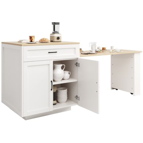 Desserte cuisine îlot central extensible 133-202x70x93,5cm 2 tiroirs + 2 compartiments blanc