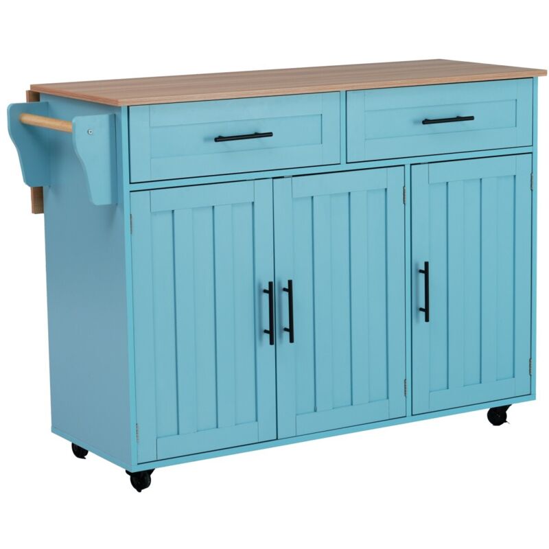 Fairwhale - Desserte cuisine îlot central 129x46x91,5cm - Planche bois massif & porte bleue - Roues ajustables - Multifonction
