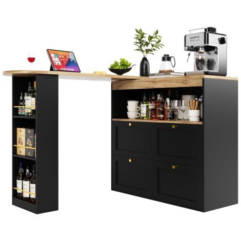 Desserte cuisine noire pivotante 360° avec 4 tiroirs - Table bar rangement étagères - Salon/salle à manger/bureau