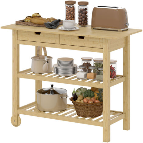 Desserte cuisine roulante bambou, chariot 2 tiroirs 2 étagères 100x43x75 cm bois naturel
