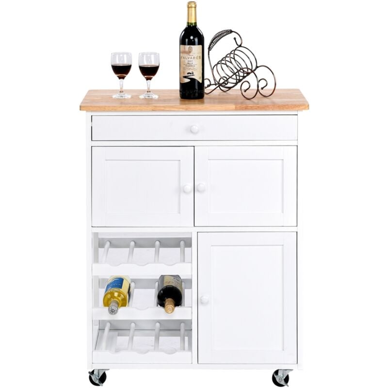 Desserte Cuisine Roulante Chariot Service 1 Tiroir 2 Armoires Casier Vin Bois 67x37x86.5cm Blanc CW44283