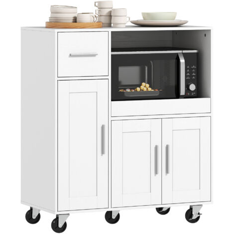 Desserte cuisine roulettes, meuble micro-onde, plateau coulissant, tiroir, 3 portes, 80x40x88,7 cm, blanc