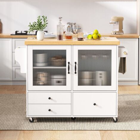 Desserte de cuisine 100x42-70x91.5cm - avec roulettes et table à rallonge, porte-verres à vin et espace - blanc