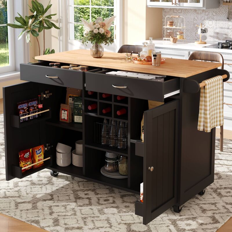 Desserte de cuisine 102×45×92 cm - plateau imitation bois, ilot central cuisine avec de nombreux rangements et 2 tiroirs - sur roulettes, Noir