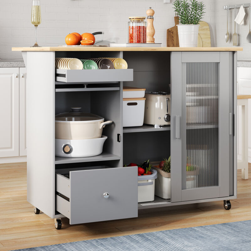 Fortuna Lai - Desserte de cuisine 112×46(69)×91cm - Chariot de service pliable, avec placage, portes coulissantes, casier, tiroirs - Gris