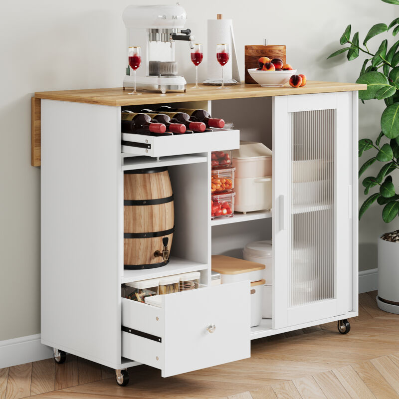 Fortuna Lai - Desserte de cuisine 112×46(69)×91cm - Chariot de service pliable, avec placage, portes coulissantes, casier, tiroirs - Blanc