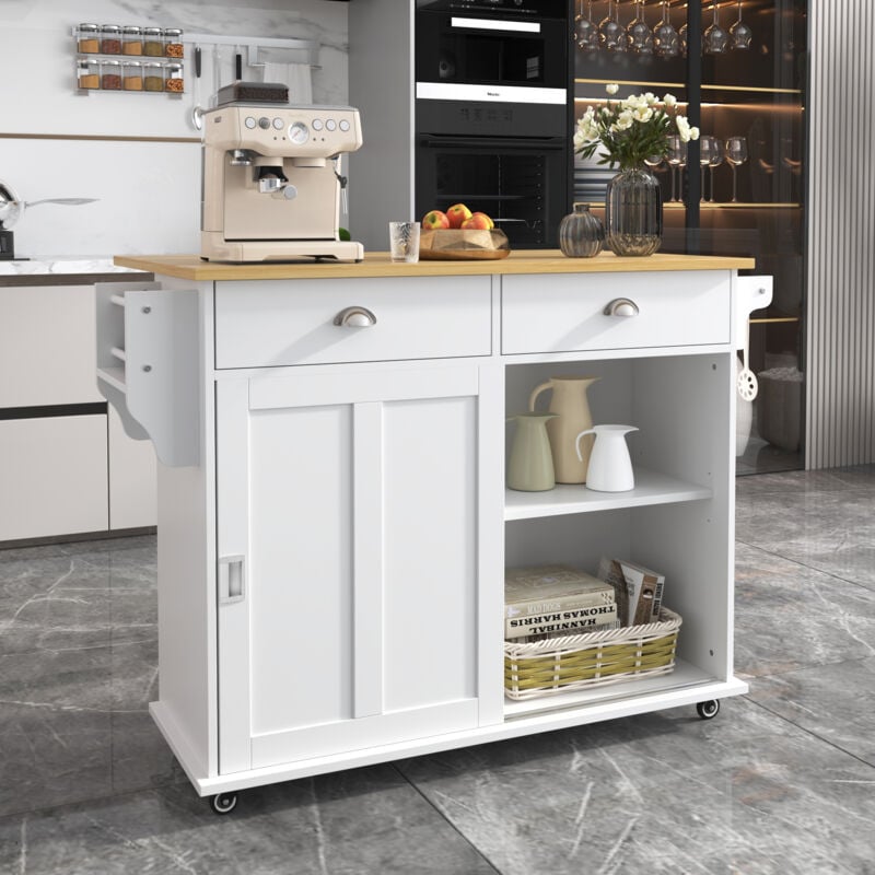 Fortuna Lai - Desserte de cuisine 112x40x94cm - plan de travail rabattable, aspect bois massif avec portes, 4 roulettes - mdf Blanc