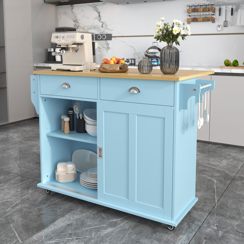 Fortuna Lai - Desserte de cuisine 112x40x94cm - plan de travail rabattable, aspect bois massif avec portes, 4 roulettes - mdf Bleu
