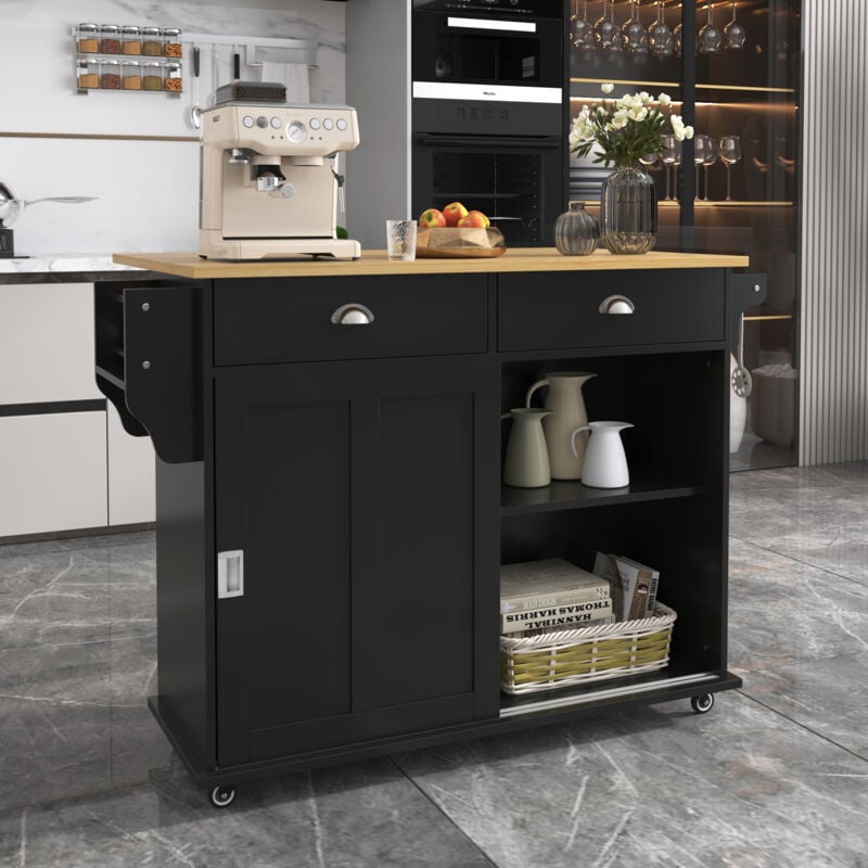 Fortuna Lai - Desserte de cuisine 112x40x94cm - plan de travail rabattable, aspect bois massif avec portes, 4 roulettes - mdf Noir