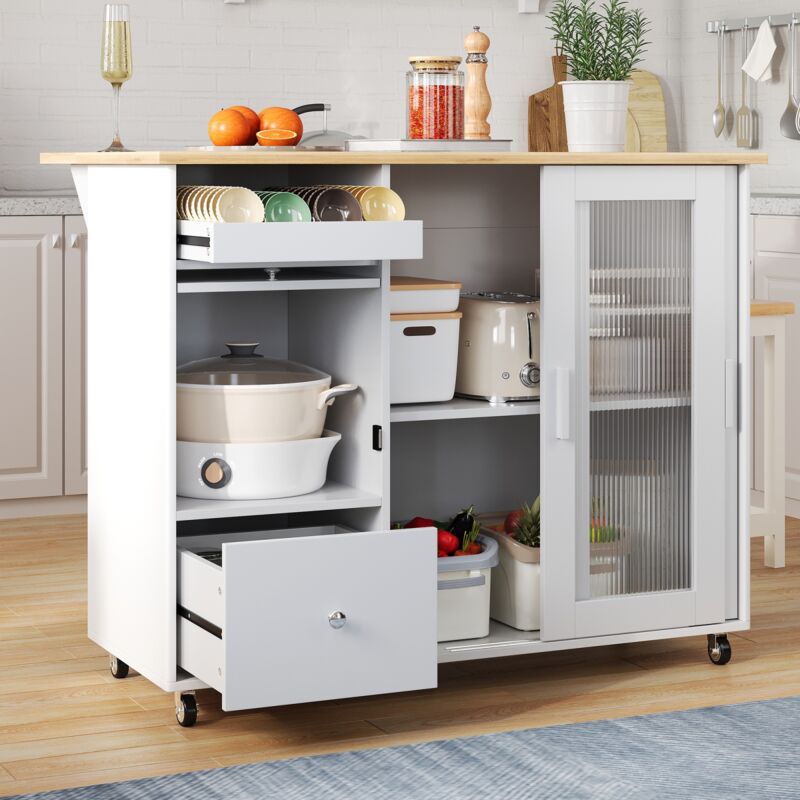 Eifson - Desserte de cuisine 112x46-69x91cm, avec plateau en chêne pliable, casier à vin, tiroir, porte coulissante en verre trempé, étagères
