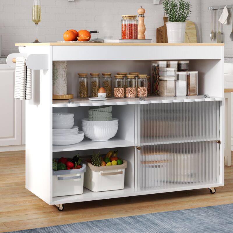 Eifson - Desserte de cuisine 122x46-69x91cm, avec plateau en chêne pliable, porte coulissante en verre trempé, étagères réglables, porte-serviettes,