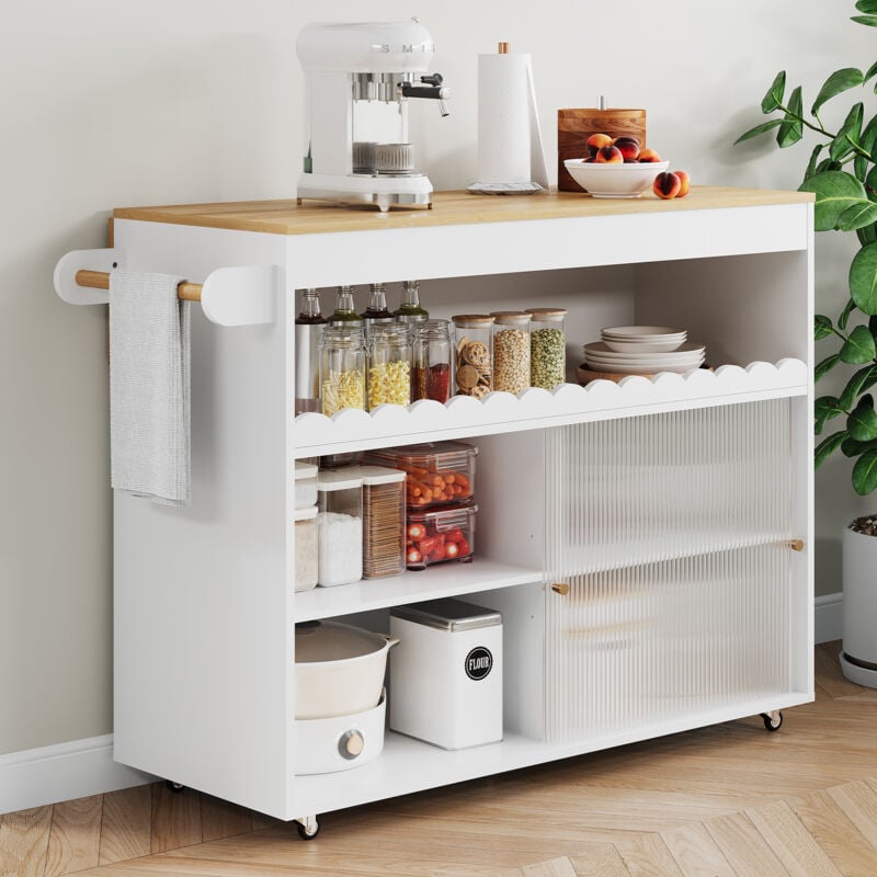 Fortuna Lai - Desserte de cuisine 122x46(69) x91cm - Chariot de service avec plan en chêne, portes coulissantes, étagères réglables - Blanc