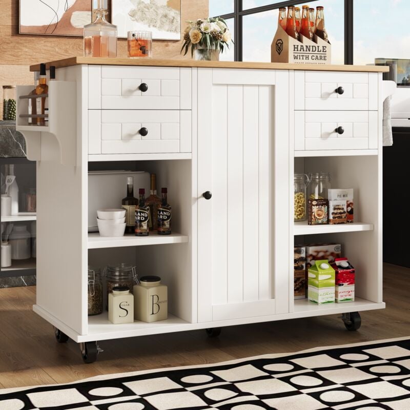 Eifson - Desserte de cuisine 127x46x91,5cm, avec 4 tiroirs, 4 cloisons ouvertes, plateau en bois, poignées en alliage de zinc, convient pour la