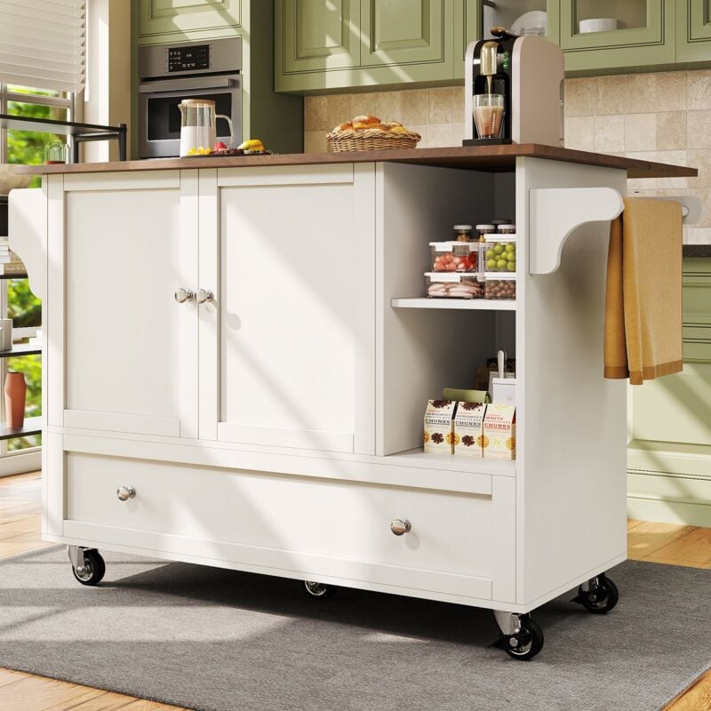 Eifson - Desserte de cuisine 128x40x92,5 cm, avec plateau rabattable en bois, 1 grand tiroir, 2 portes de placard, 2 compartiments de rangement