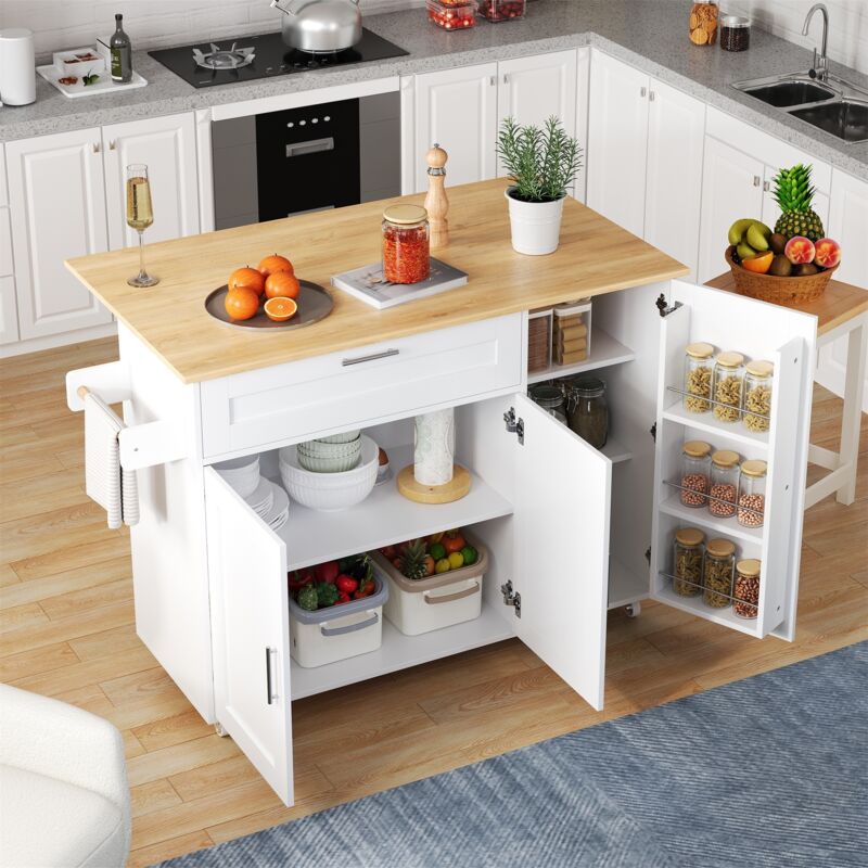 Desserte de cuisine 132 cm, avec 5 roulettes, table de cuisine mobile, plan de travail rabattable, rangement, tiroirs et portes, porte-serviettes,