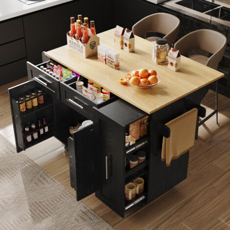 Desserte de cuisine 134,5x74x90,5 cm avec étagères extensibles, 2 portes, 2 tiroirs, plateau pliable, porte-serviettes, porte-épices, en MDF, noir