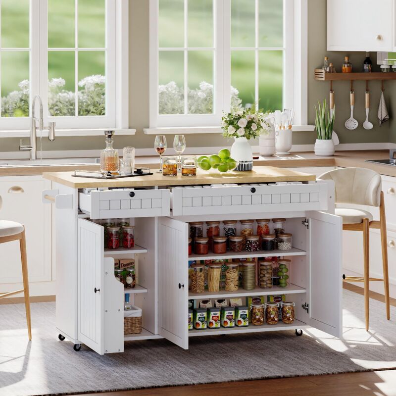 Desserte de cuisine 137 cm, Îlot de cuisine avec plan de travail rabattable, meuble de cuisine sur 6 roulettes verrouillables, avec étagère, étagère