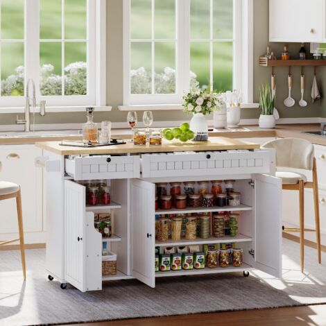 Desserte de cuisine 137 cm, Îlot de cuisine avec plan de travail rabattable, meuble de cuisine sur 6 roulettes verrouillables, avec étagère, étagère de porte, 2 grands tiroirs, Blanc