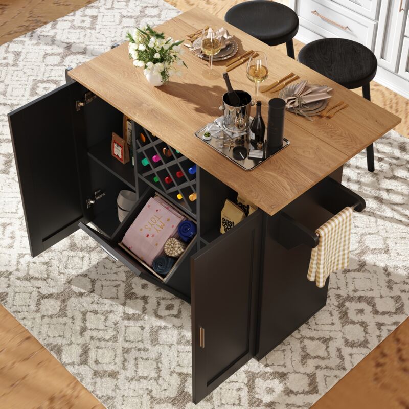 Desserte de cuisine 138x43x92 cm, avec 3 portes, porte-bouteilles, porte-serviettes, plateau rabattable en bois, cloisons amovibles, convient pour