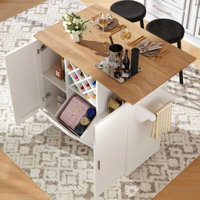 Desserte de cuisine 138x43x92 cm, avec 3 portes, porte-bouteilles, porte-serviettes, plateau rabattable en bois, cloisons amovibles, convient pour