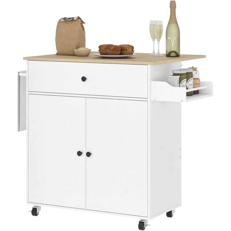 Homcom - Desserte de cuisine 2 portes étagère tiroir support épices porte-serviette blanc effet bois naturel