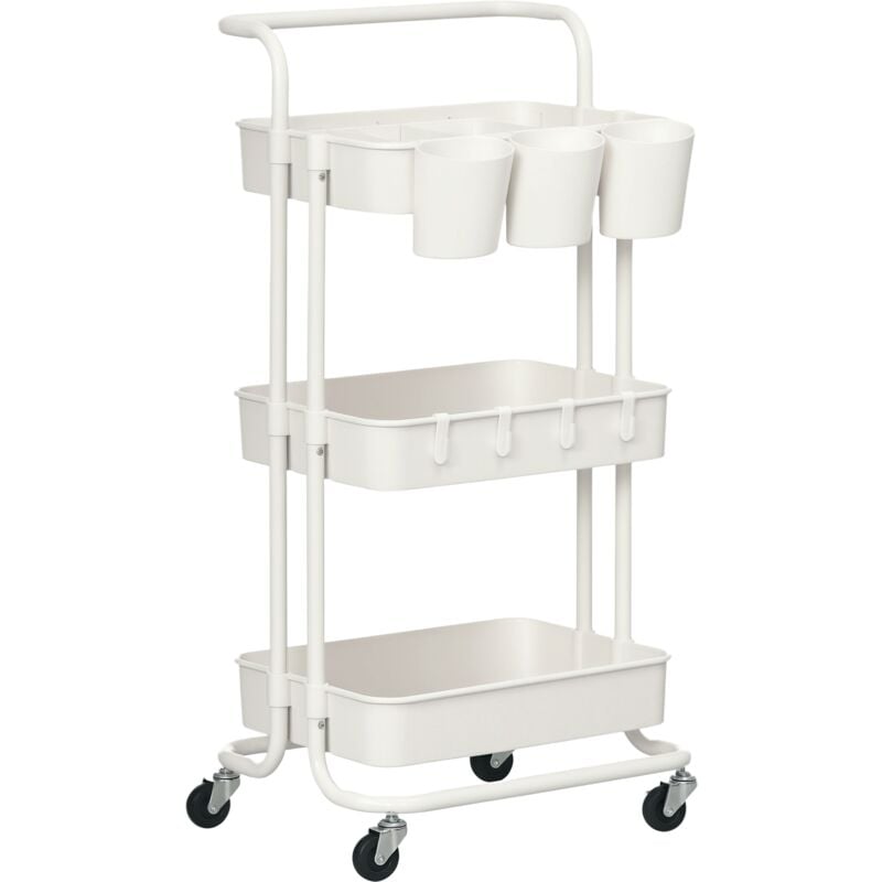 Homcom - Desserte de cuisine - 3 étagères avec rebords - 4 crochets, 3 pots suspendus - acier abs blanc