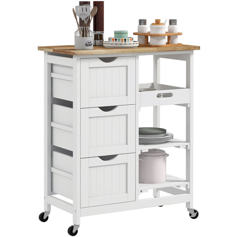 Homcom - Desserte de cuisine multi-rangement - 3 tiroirs, 2 étagères, plateau amovible - mdf blanc bois hévéa