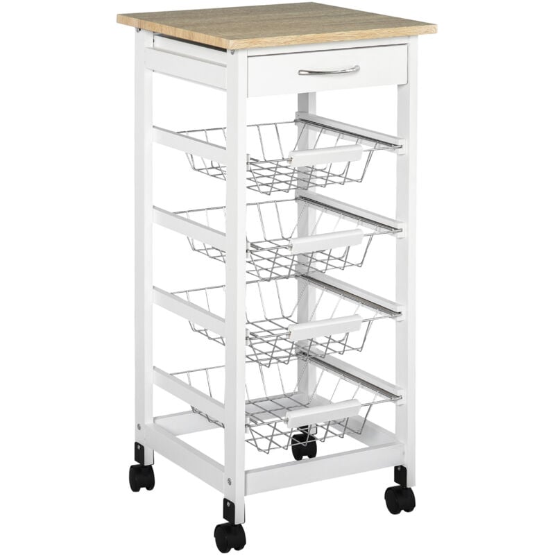 Homcom - Desserte chariot de cuisine sur roulettes - 4 paniers coulissants, tiroir, plateau - bois blanc mdf bois clair