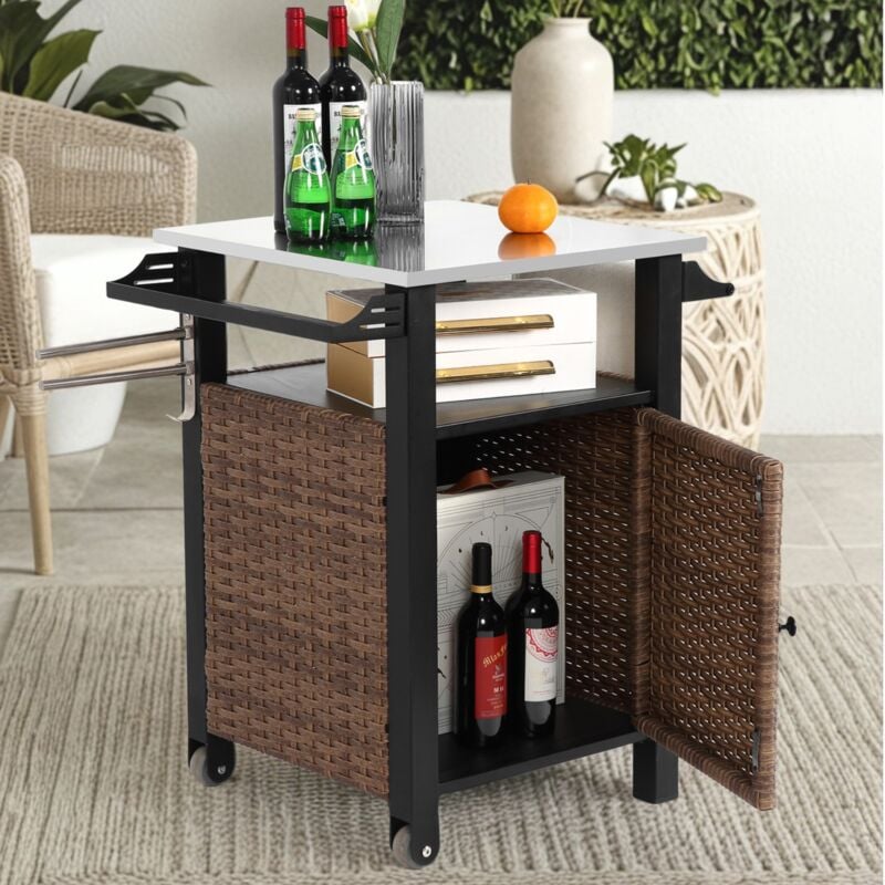 Desserte de cuisine 76x57x85 cm, avec osier tressé à la main, plateau en acier inoxydable, porte-serviettes, convient pour cuisine de terrasse et