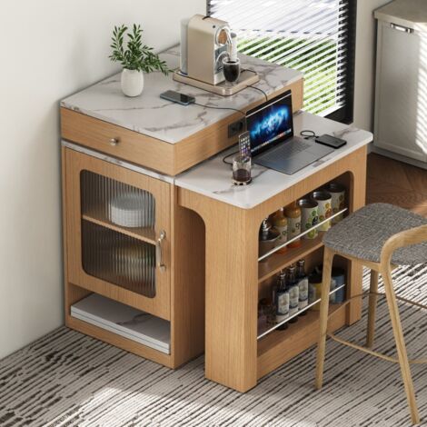 Desserte de cuisine 80x71/111/151x92 cm - table à manger extensible avec plateau amovible avec multiprises - Naturel
