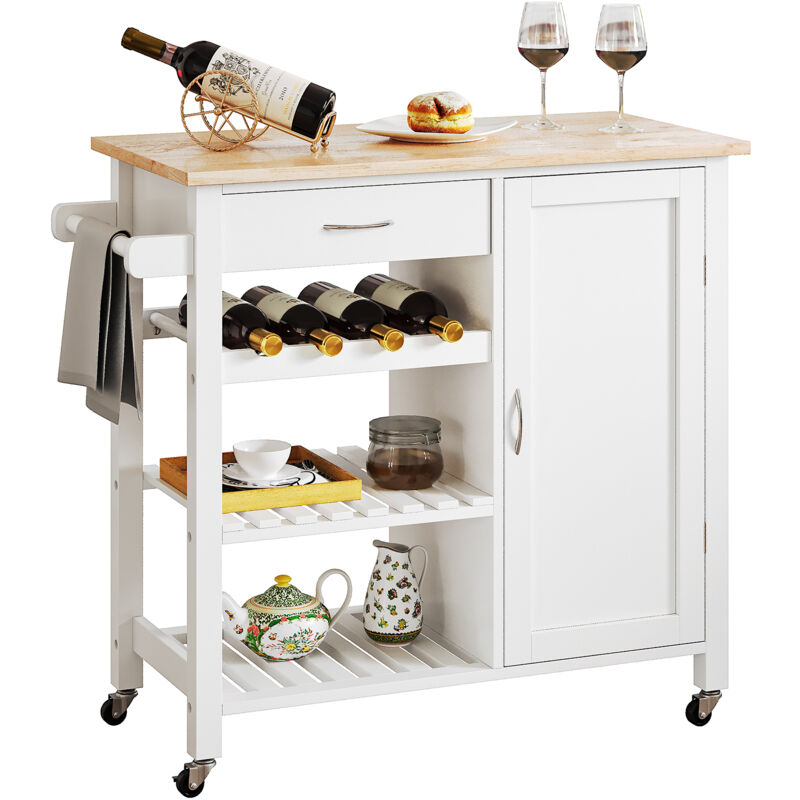 Desserte de Cuisine à roulettes avec 1 Tiroirs et 3 Niveaux,Grand meuble avec portes,80 x 40.5 x 80cm,Blanc et Naturel