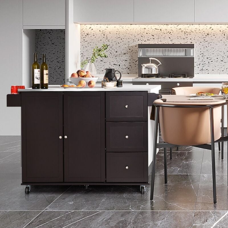 Maisonchic - Desserte de Cuisine à Roulettes avec Plateau Acier Inox. îlot Chariot de Cuisine avec 3 Tiroirs 2 Portes et Porte-épices Café design in