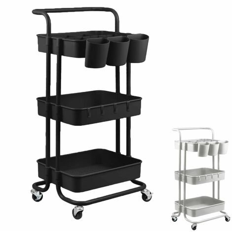 Chariot de rangement à roulettes 3 étagères – Dimensions 86x42x33 cm – ABS et acier au carbone – Roues pivotantes 360° avec freins – Vivezen