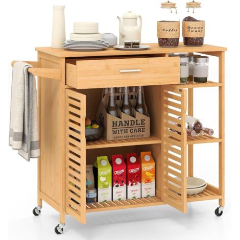Desserte de Cuisine à roulettes en Bambou, Chariot de Rangement avec Tiroir, 3 Étagères Ouvertes et Armoire 2 Portes à Lattes, Salon, Naturel