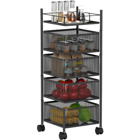Desserte de cuisine à roulettes - HOMCOM - 5 niveaux - 4 paniers rotatifs - étagère supérieure - 27,5 x 27,5 x 77 cm - noir