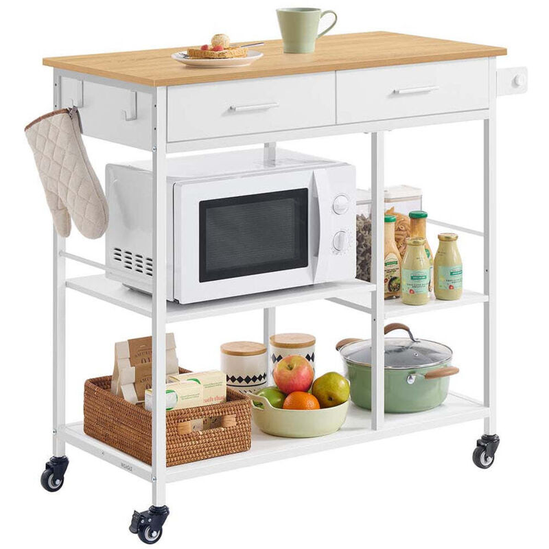Desserte de cuisine à roulettes îlot de cuisine mobile 45 x 60 x 90 cm avec tiroir 2 crochets pour salle à manger beige chêne et blanc mat Desserte de cuisine à roulettes îlot de cuisine mobile 45 x 60 x 90 cm avec tiroir 2 crochets pour salle à manger beige chêne et blanc mat