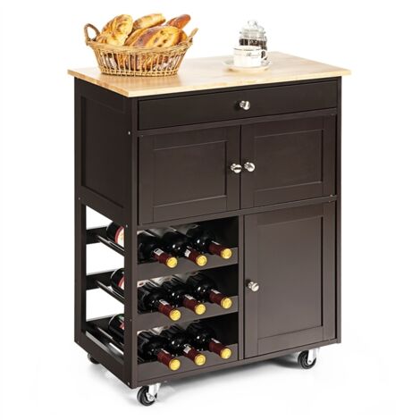 Desserte de Cuisine à roulettes, Rangement Cuisine Plateau en Bois d'Hévéa, Tiroir, Porte-Bouteilles à 3 Niveaux et 2 Placards, Marron