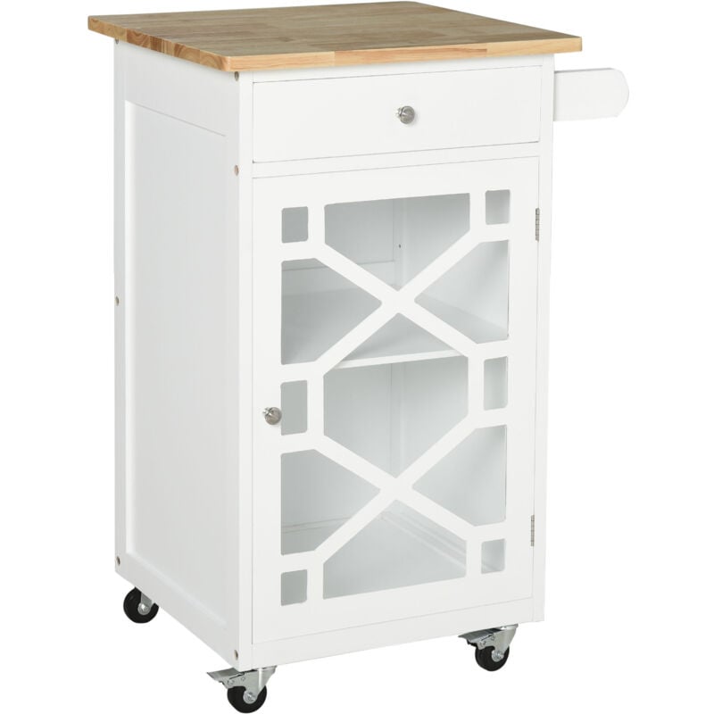 Homcom - Desserte de cuisine à roulettes - tiroir, placard, porte-serviette - mdf blanc plateau bois hévéa