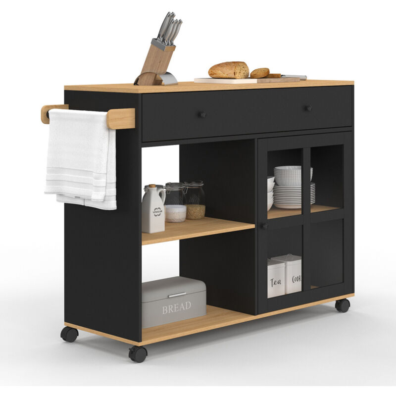 Idmarket – Desserte de cuisine avec étagère et placard vitré – Dimensions L. 100 cm x l. 40 cm x H. 85 cm – Matériaux bois et PVC – 4 roulettes