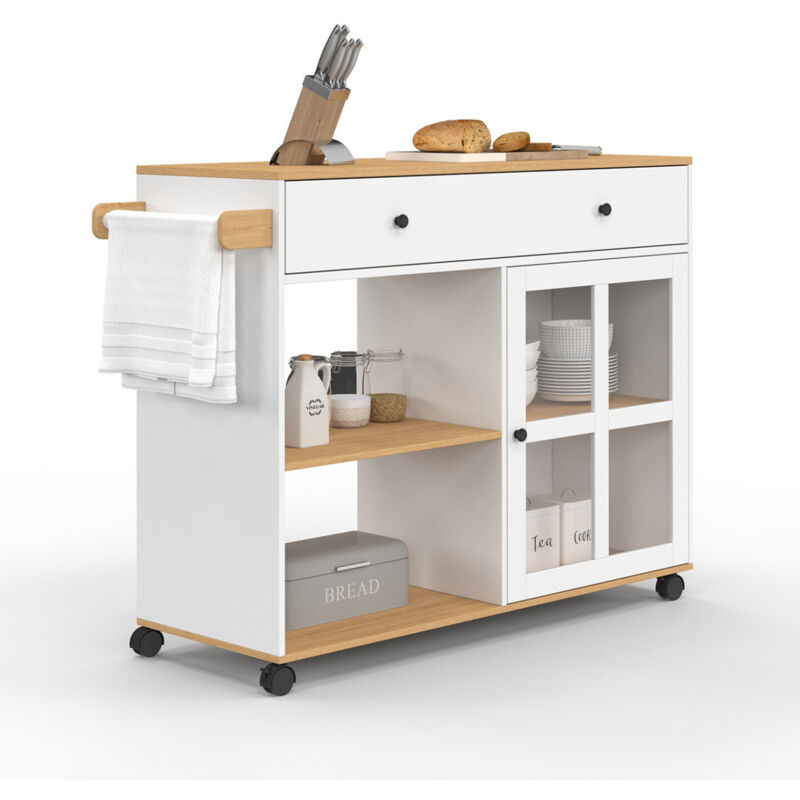 Idmarket – Desserte de cuisine XXL bois et blanc – Placard vitré et étagères ouvertes – 100x40x85 cm – 4 roulettes directionnelles
