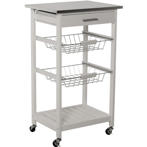 Desserte de Cuisine avec 2 Paniers, Tiroir Bois Blanc-Couvercle Ace 47X37X81,5 Cm -Bois : Pin et Dm