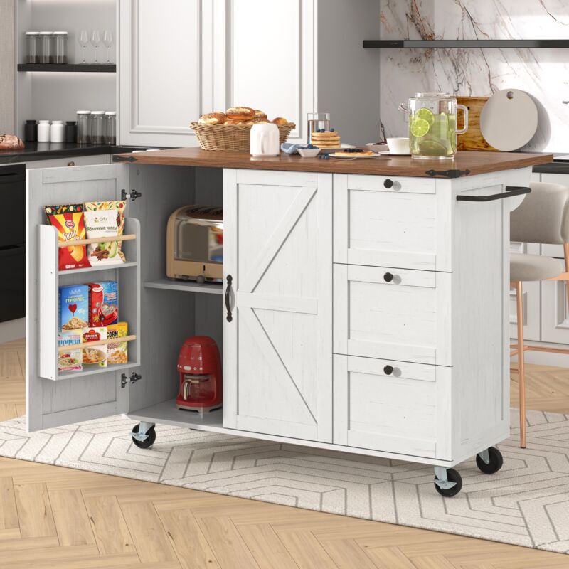 Desserte de cuisine, avec 2 portes, 3 tiroirs de rangement, plateau de table extensible, roulettes avec freins, porte-serviettes, Chariot d'îlot de