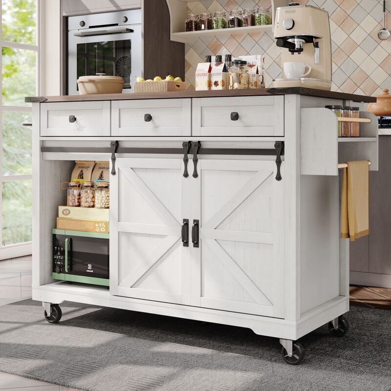 Desserte de cuisine, avec 2 portes coulissantes, 3 tiroirs de rangement, plateau de table extensible, roulettes avec freins, Chariot d'îlot de