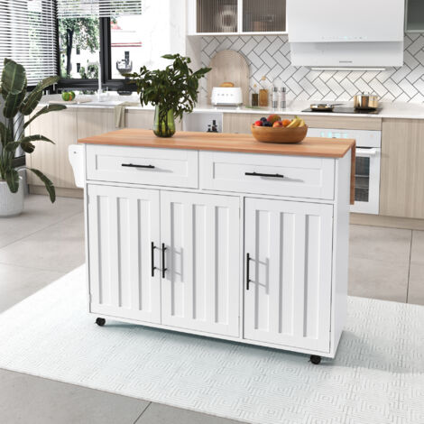 Desserte de cuisine avec 2 tiroirs et 3 portes, plateau rabattable, poignées noires, étagères intégrées, 129 x 46 (71 x 91 cm), design, Blanc