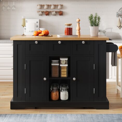 Desserte de cuisine avec 3 tiroirs et 2 portes, plan de travail extensible, prise de courant intégrée, convient pour cuisine, salle à manger - Noir