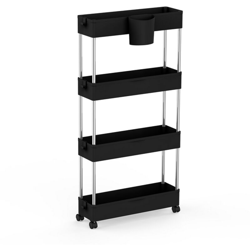 Haloyo - Desserte de cuisine avec 4 étagères et poignée, avec roulettes, 86x12,5x40 cm, noir
